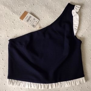 Zara Trafaluc One Shoulder Top Navy White Ruffle Size M
